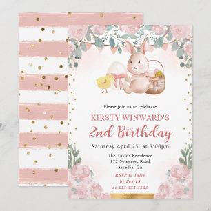 Watercolor Easter Rabbit and Flowers Birthday Invitation