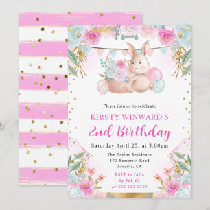 Watercolor Easter Rabbit and Flowers Birthday Invitation