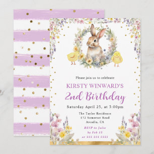 Watercolor Easter Rabbit and Flowers Birthday Invitation