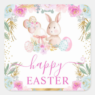 Watercolor Easter Rabbit and Flowers  Square Sticker