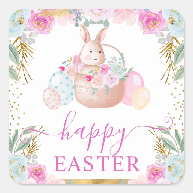 Watercolor Easter Rabbit and Flowers  Square Sticker (Front)
