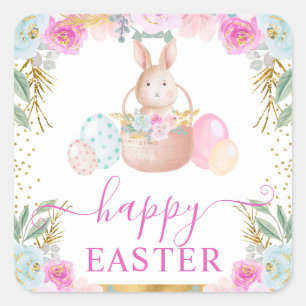 Watercolor Easter Rabbit and Flowers  Square Sticker