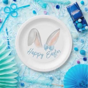 Watercolor Easter Rabbit Ears with Blue Bow Spring Paper Plate