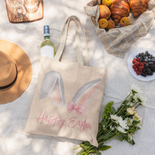 Watercolor Easter Rabbit Ears with Pink Bow Spring Large Tote Bag