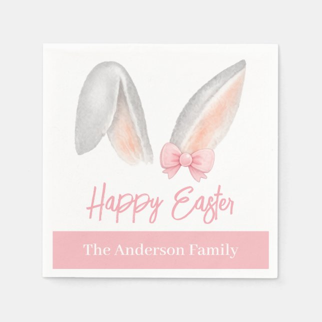 Watercolor Easter Rabbit Ears with Pink Bow Spring Napkin (Front)