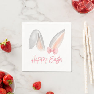 Watercolor Easter Rabbit Ears with Pink Bow Spring Napkin