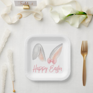 Watercolor Easter Rabbit Ears with Pink Bow Spring Paper Plate