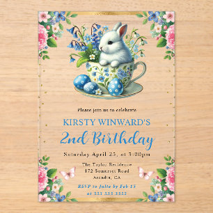 Watercolor Easter Rabbit Spring Flowers Birthday Acrylic Invitations