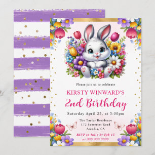 Watercolor Easter Rabbit Spring Flowers Birthday Invitation