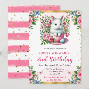 Watercolor Easter Rabbit Spring Flowers Birthday Invitation