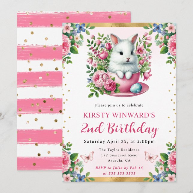Watercolor Easter Rabbit Spring Flowers Birthday Invitation (Front/Back)