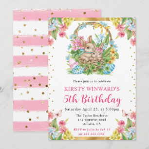 Watercolor Easter Rabbits Spring 5th Birthday Invitation
