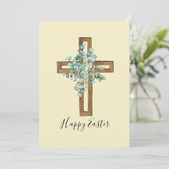 Watercolor Easter Rustic Cross and Eucalyptus  (Standing Front)