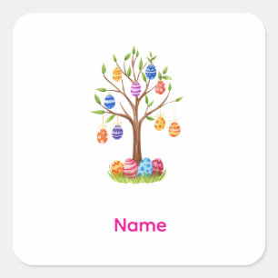 Watercolor Easter Tree with Hanging Decorated Eggs Square Sticker