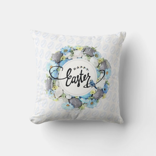Watercolor Easter Wreath Calligraphy Throw Pillow (Front)