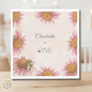 Watercolor Echinacea & Bumblebee 1st Birthday Napkin