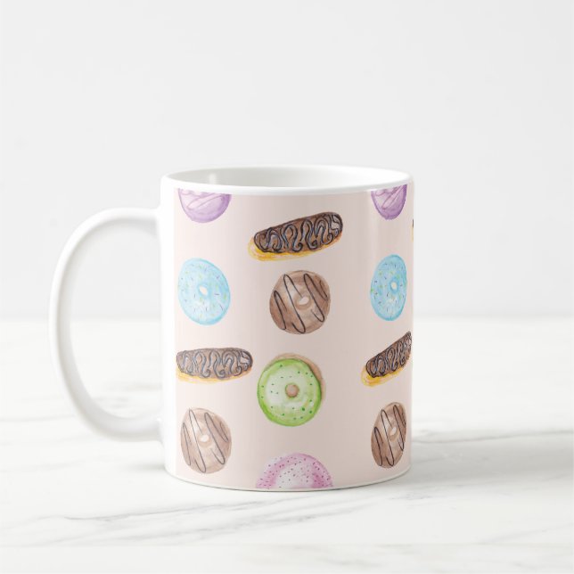 Watercolor Eclairs Doughnuts Fun Hand Painted Coffee Mug (Left)