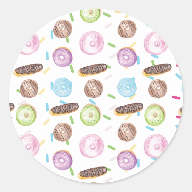 Watercolor Eclairs Doughnuts Fun Whimiscal Sweet Classic Round Sticker (Front)