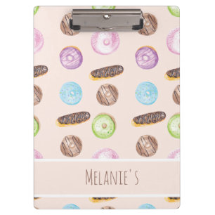 Watercolor Eclairs Doughnuts Fun Whimiscal Sweet Clipboard