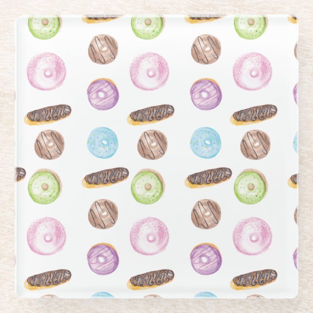 Watercolor Eclairs Doughnuts Fun Whimiscal Sweet Glass Coaster (Front)