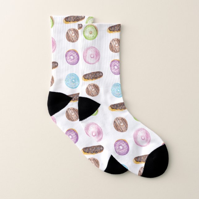 Watercolor Eclairs Doughnuts Fun Whimiscal Sweet Socks (Pair)