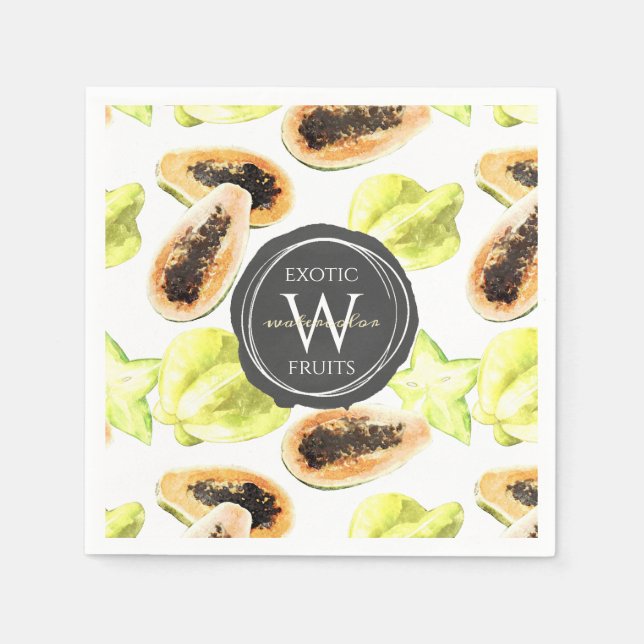 Watercolor Edible Exotic Fruits Monogram Pattern Napkin (Front)