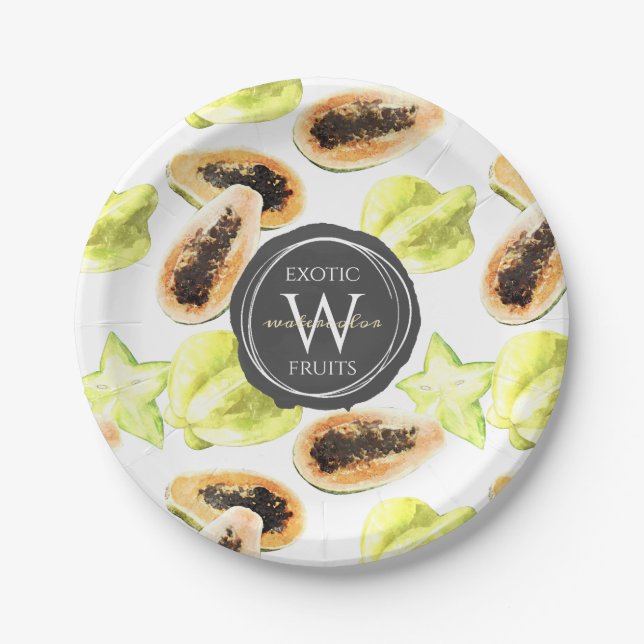 Watercolor Edible Exotic Fruits Monogram Pattern Paper Plate (Front)