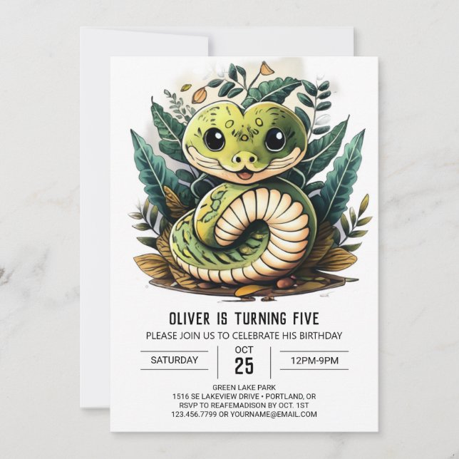 Watercolor Editable Snake Kids Birthday Invitation (Front)