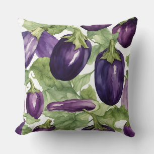 Watercolor Eggplant Garden Botanical Pattern Throw Pillow