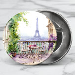 Watercolor Eifel Tower Paris French Cafe 2 Inch Round Button<br><div class="desc">Watercolor Eifel Tower Paris French Cafe Buttons features a watercolor french cafe seating area with Paris and the Eifel Tower in the background. Created by Evco Studio www.zazzle.com/store/evcostudio</div>