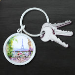 Watercolor Eifel Tower Paris French Cafe Keychain<br><div class="desc">Watercolor Eifel Tower Paris French Cafe Keychain features a watercolor french cafe seating area with Paris and the Eifel Tower in the background. Created by Evco Studio www.zazzle.com/store/evcostudio</div>