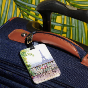 Watercolor Eifel Tower Paris French Cafe Luggage Tag