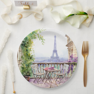 Watercolor Eifel Tower Paris French Cafe Paper Plate