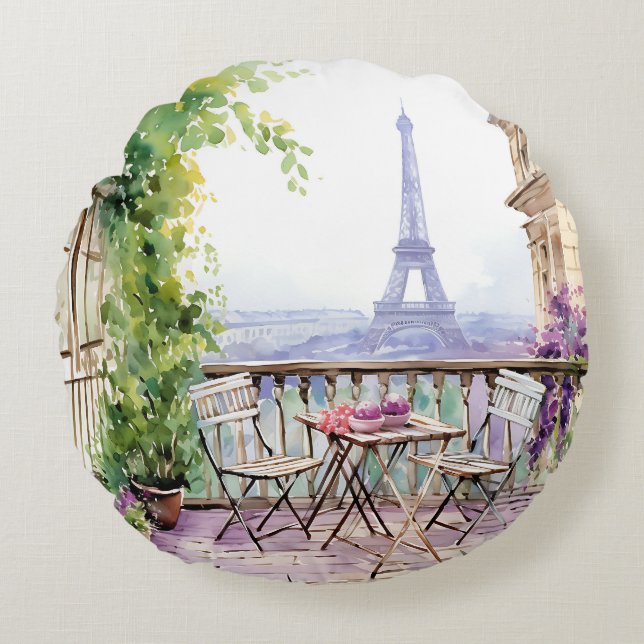 Watercolor Eifel Tower Paris French Cafe Round Pillow (Front)