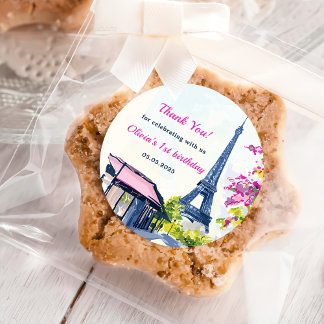 Watercolor Eiffel Tower Paris 1st Birthday Party  Classic Round Sticker