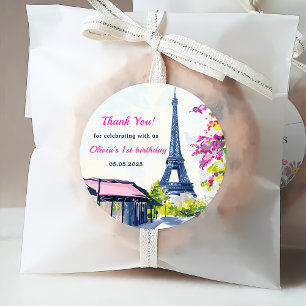 Watercolor Eiffel Tower Paris 1st Birthday Party Favour Tags