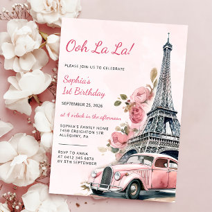 Watercolor Eiffel Tower Paris 1st Birthday Party Invitation