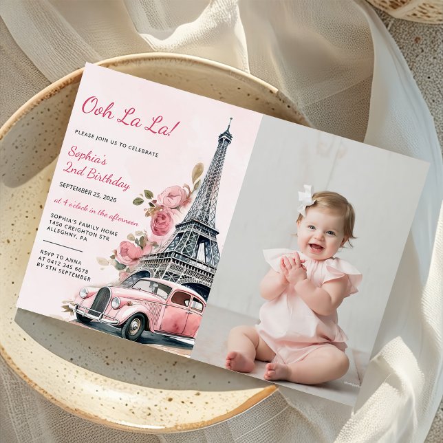 Watercolor Eiffel Tower Paris 2nd Birthday Photo  Invitation (Creator Uploaded)