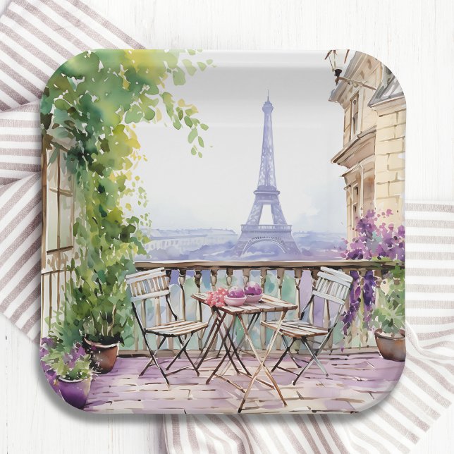 Watercolor Eiffel Tower Paris French Cafe Paper Plate (Creator Uploaded)