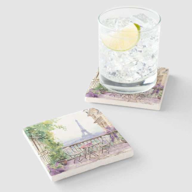 Watercolor Eiffel Tower Paris French Cafe Stone Coaster (Side)
