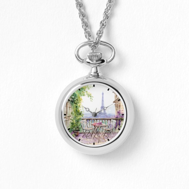 Watercolor Eiffel Tower Paris French Cafe Watch (Front)