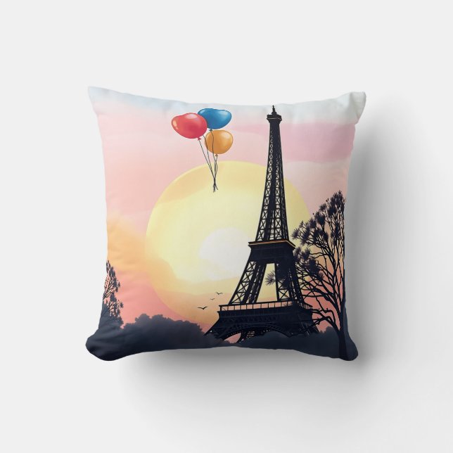 Watercolor Eiffel Tower with Balloons Throw Pillow (Front)