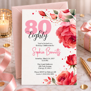 Watercolor Eighty Floral Rose 80th Birthday Party  Invitation
