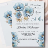 Watercolor Elegant Blue Gold Floral 50th Birthday
