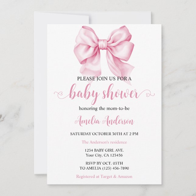 Watercolor Elegant Bow Pink Coquette Baby Shower Invitation (Front)
