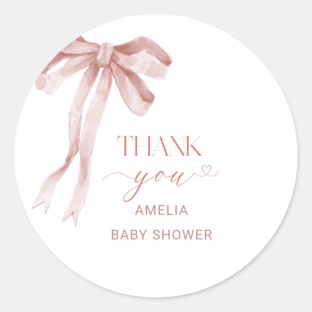 Watercolor Elegant Bow Ribbon  Baby ShowerSticker Classic Round Sticker (Front)