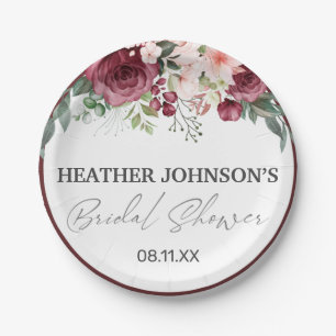 Watercolor Elegant Burgundy Floral Bridal Shower Paper Plate
