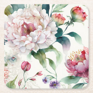 Watercolor elegant delicate asian floral pattern square paper coaster