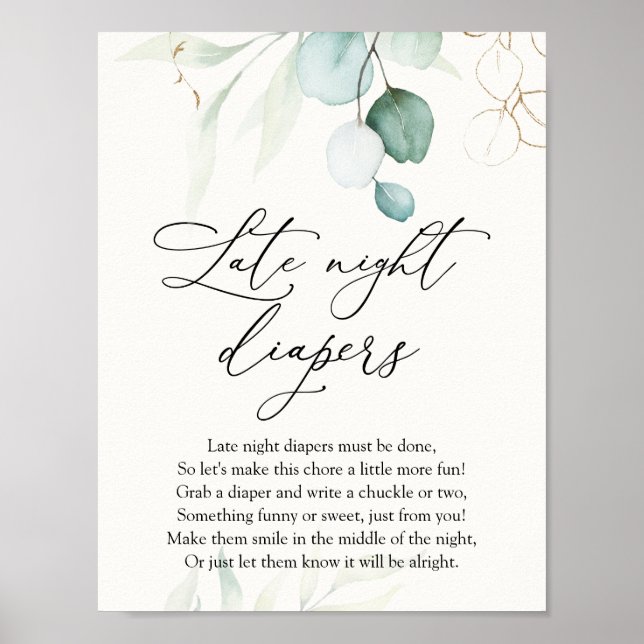 Watercolor Elegant Eucalyptus Late Night Diapers Poster (Front)