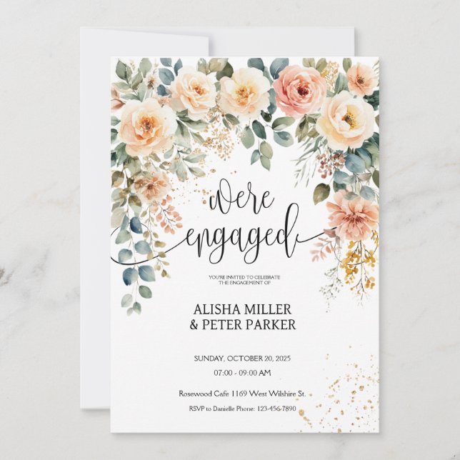 Watercolor Elegant Floral Engagement Party Save The Date (Front)
